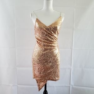 Women RoseGold Sequin Wrap Front Mini Dress Size M